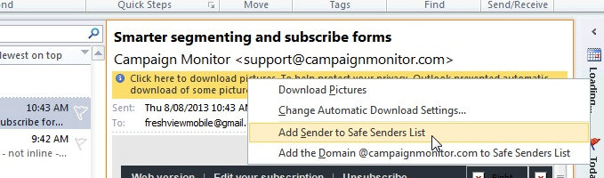 Outlook whitelist / safe sender example
