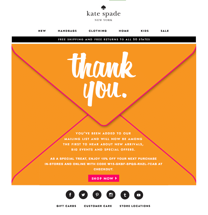 kate spade welcome email example - use a welcome email to engage subscribers