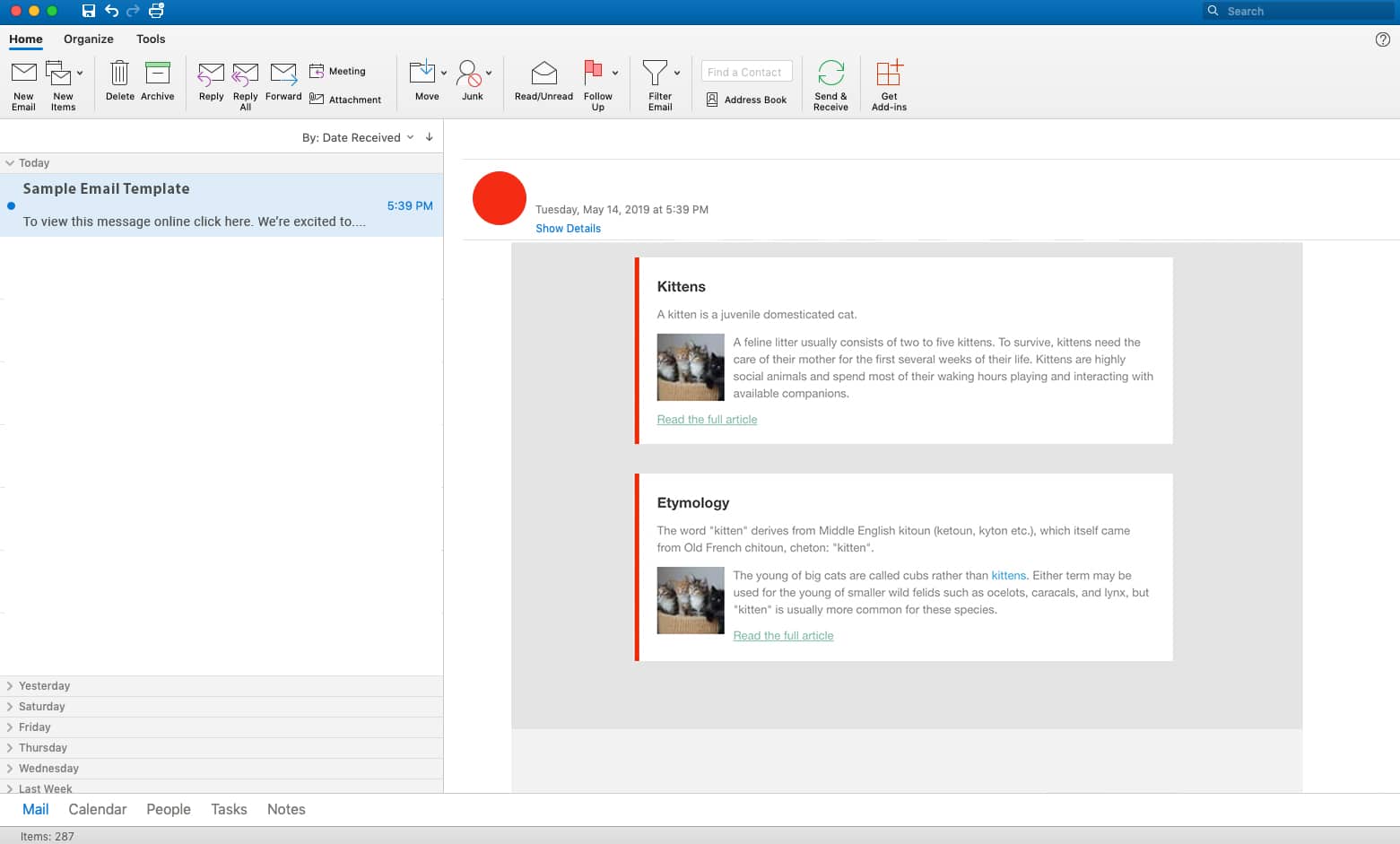 email rendering in outlook showing multiple article snippets