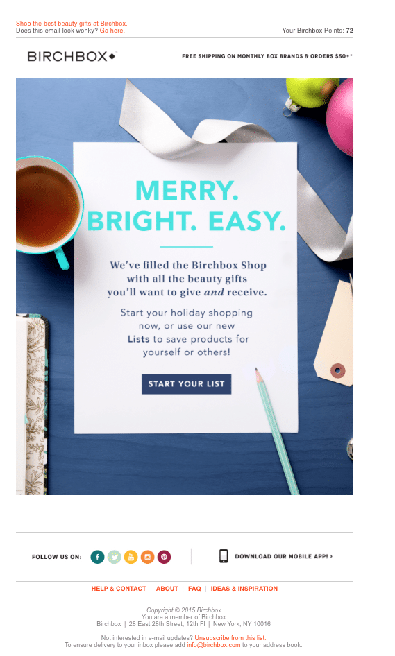 Birchbox holiday email example 