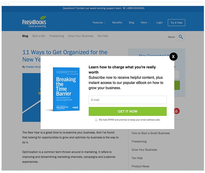freshbooks build email list popup
