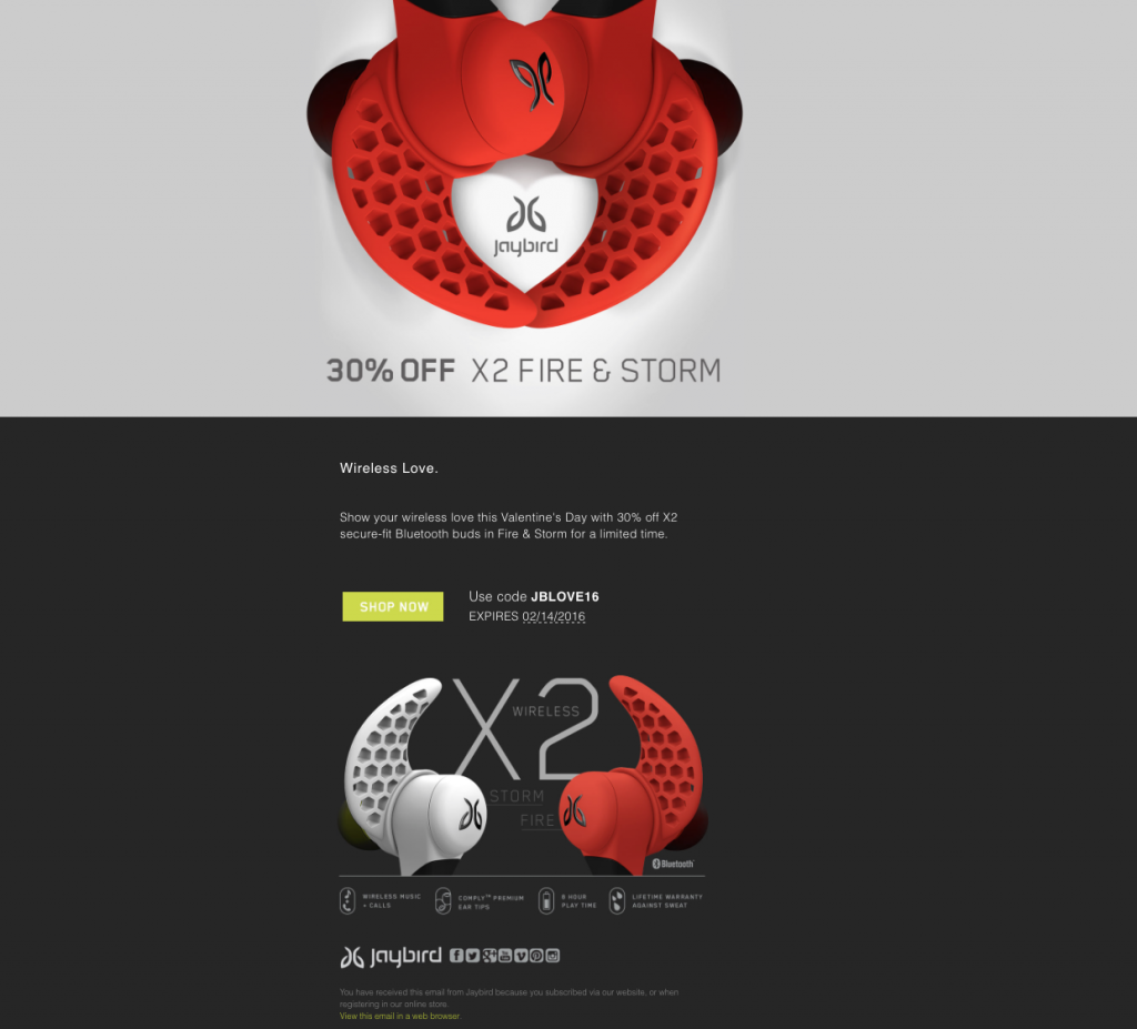 Jaybird Valentine's email marketing campaign