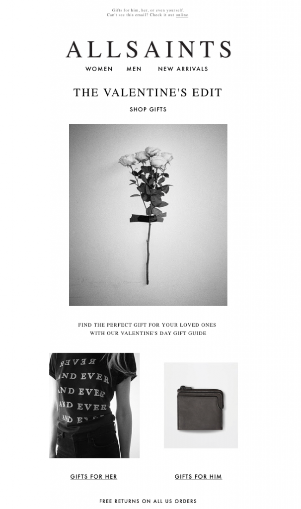 All Saints Valentine's email marketing campaigns