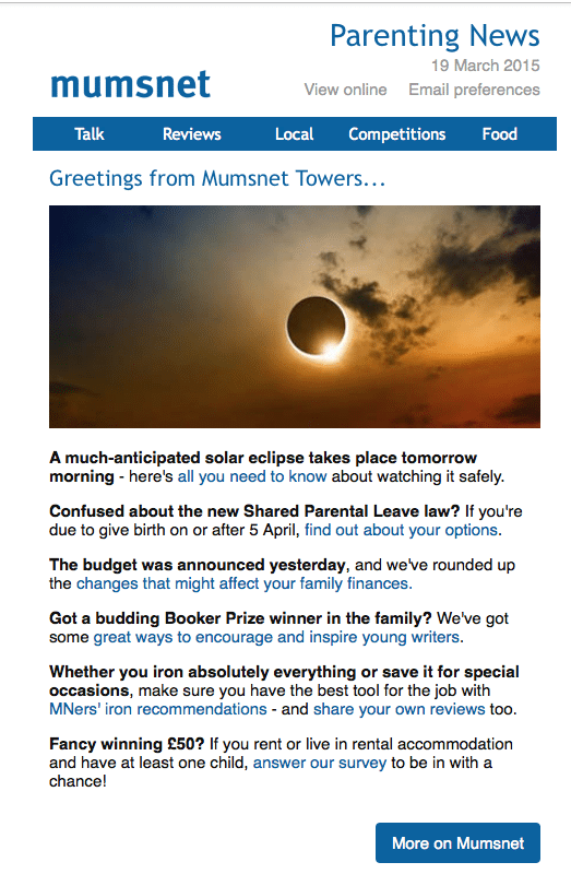 Mumsnet informs parents in their email newlsetter Mumsnet email newsletter