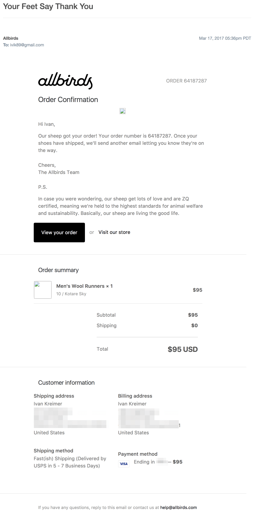 AllBirds – Order Confirmation Email