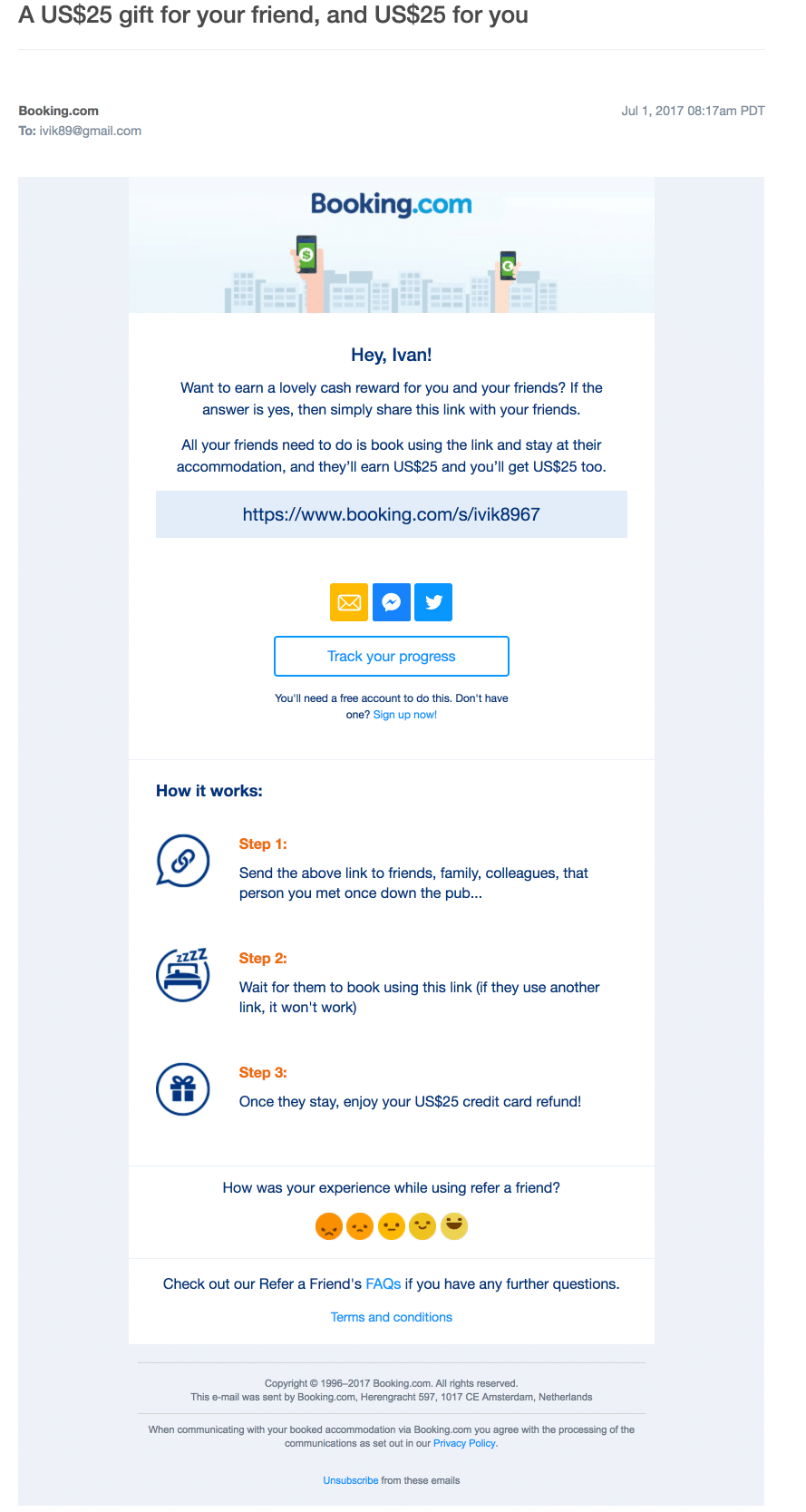 Booking.com – Referral Link Email Campaign