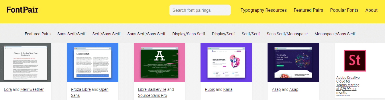 a screenshot from fontpair showing how you can pair multiple fonts that work well together