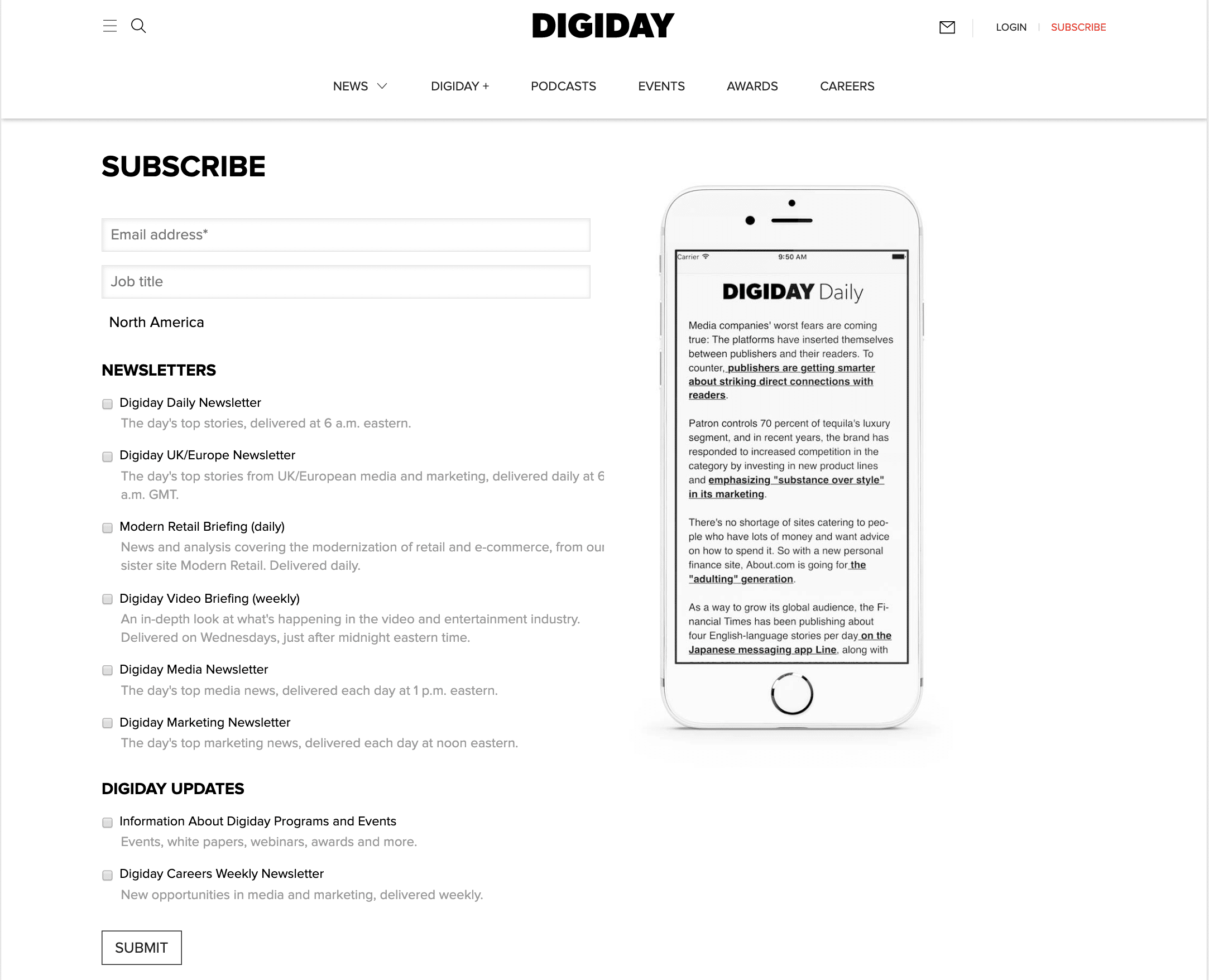 screenshot of digiday's newsletter preference center, with 8 different newsletter preference options