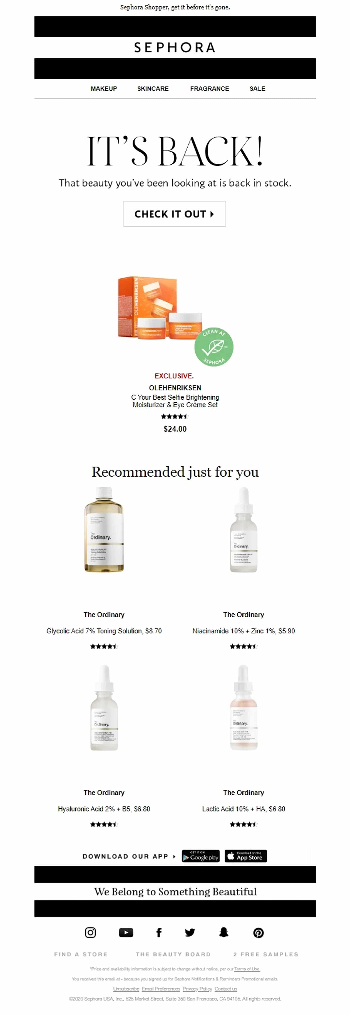 Inventory update email from Sephora