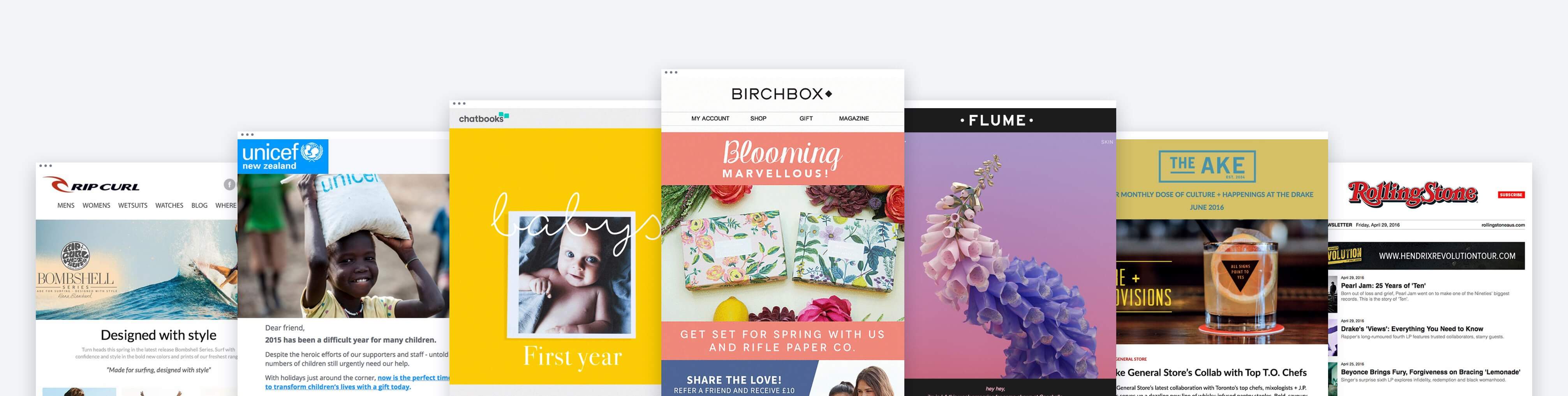 Email marketing examples - Birchbox, Flume, Chatbooks.