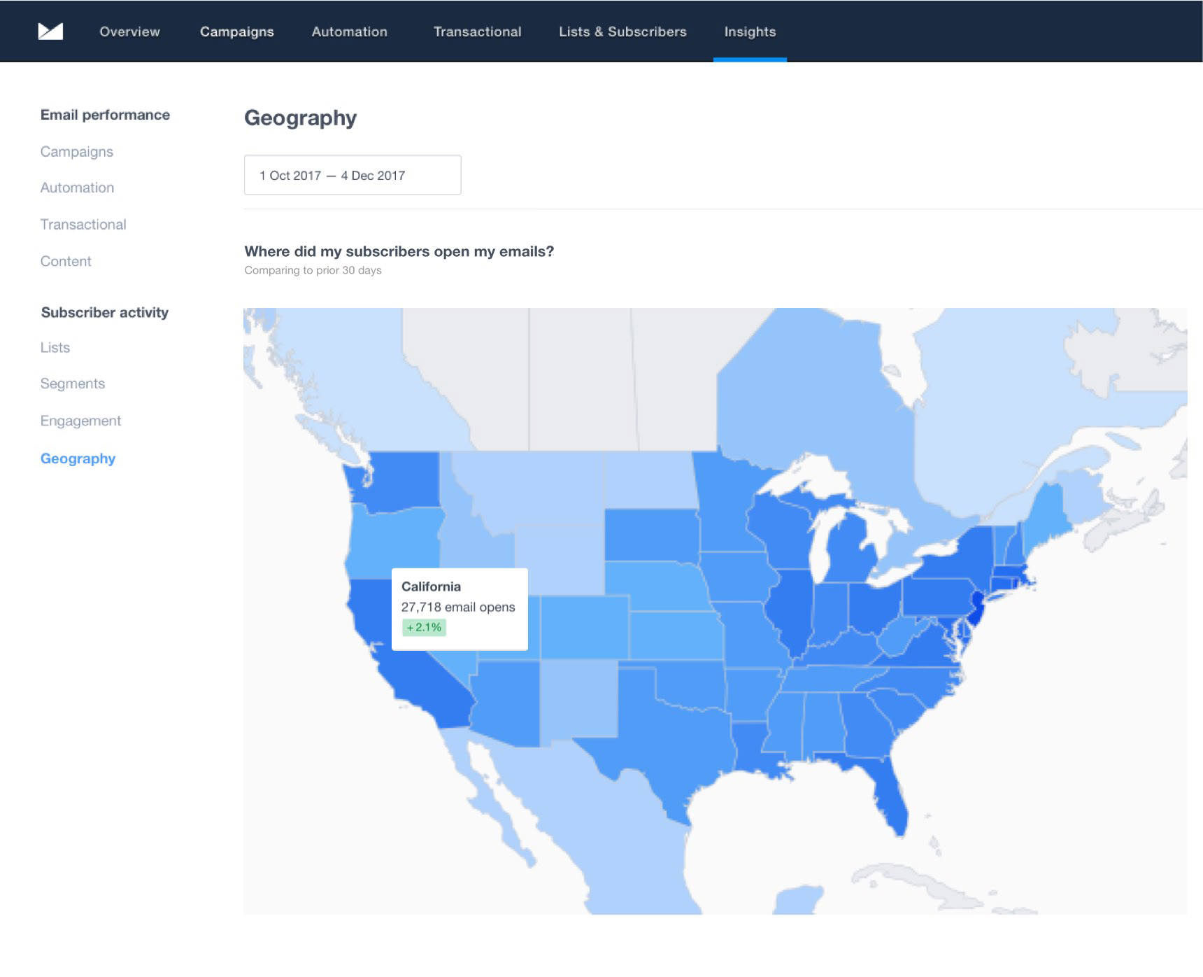 Measure email performance over a geographical map Email analytics geography review in Campaign Monitor