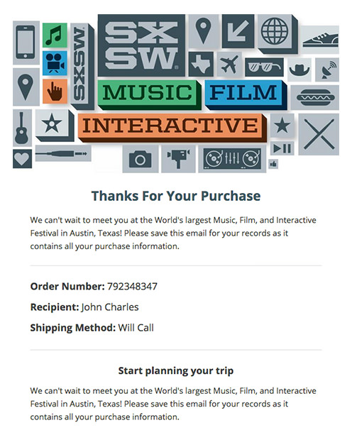 Example of transactional email from SXSW