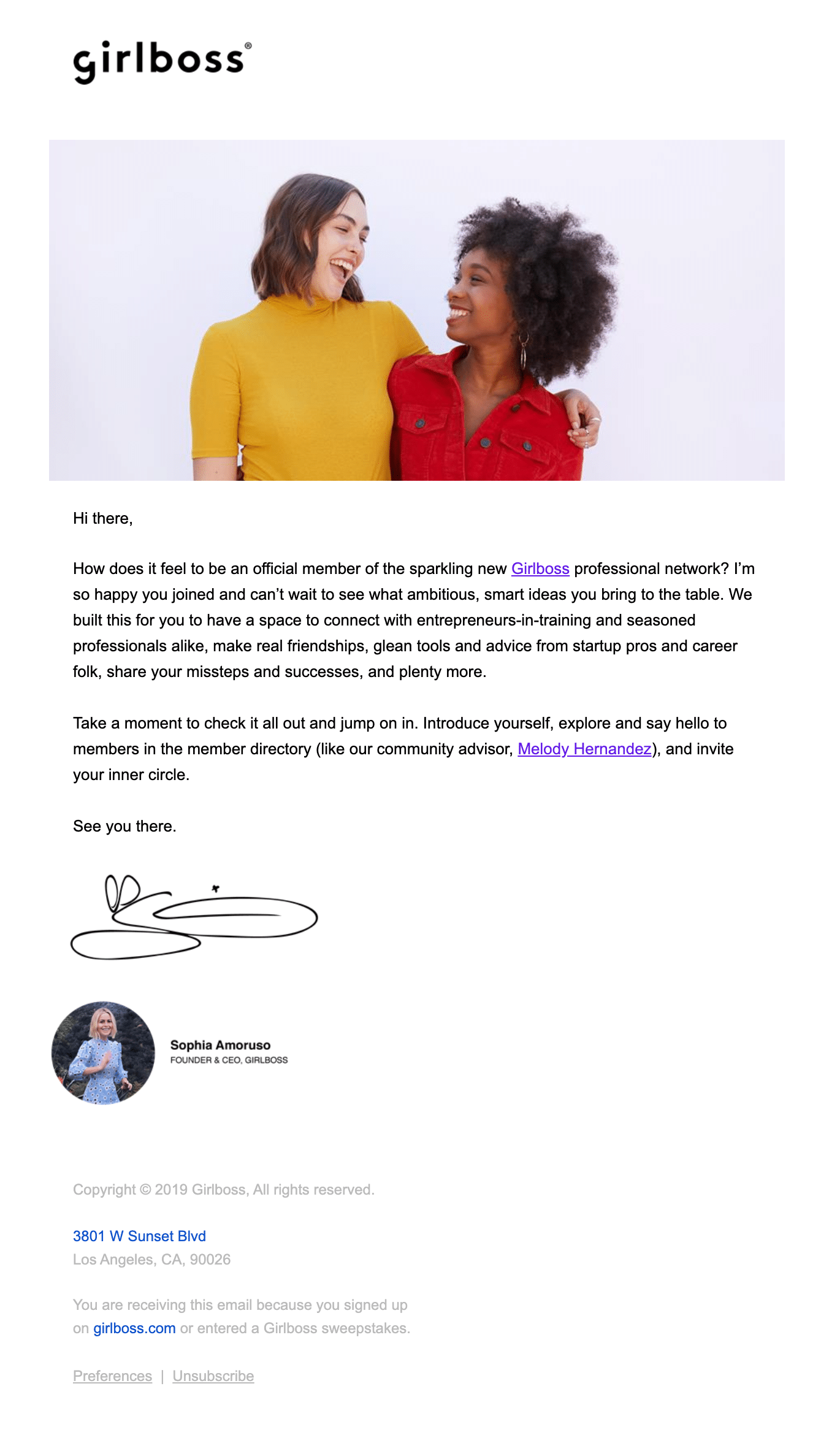 Girlboss sends a confirmation email with a note from its celebrity founder.