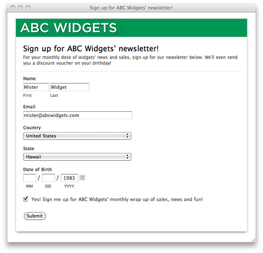 Now that Wufoo can populate your custom fields, there’s no reason why you can’t create a subscribe form and synchronize it with your Campaign Monitor list.