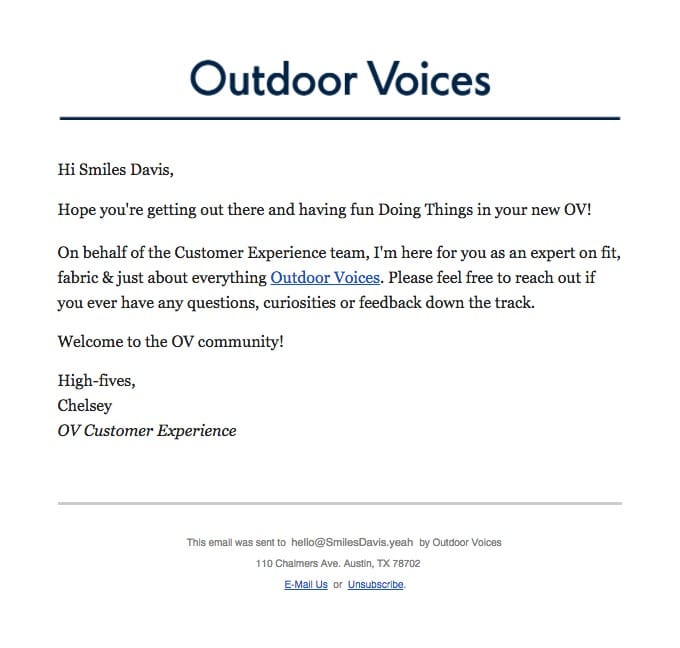 Outdoor Voices no-reply email example - why using a no-reply email address is a no-no