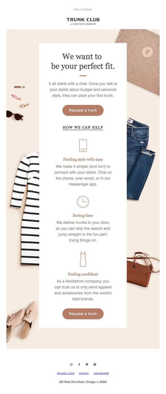This email from Trunk Club uses a single-column layout so it looks great on every device.