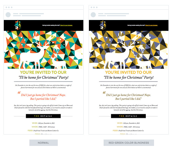 Here’s a comparison of a very-colorful email would look to those with red-green color blindness