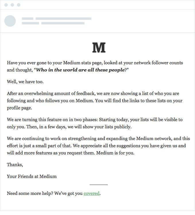 Medium's customer email