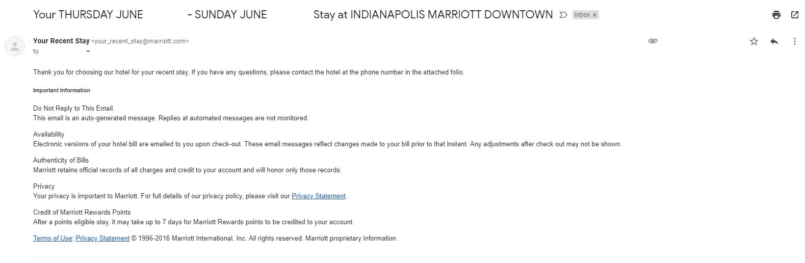 Our final example is of a follow-up email sent after a recent visit to a Marriott hotel. 