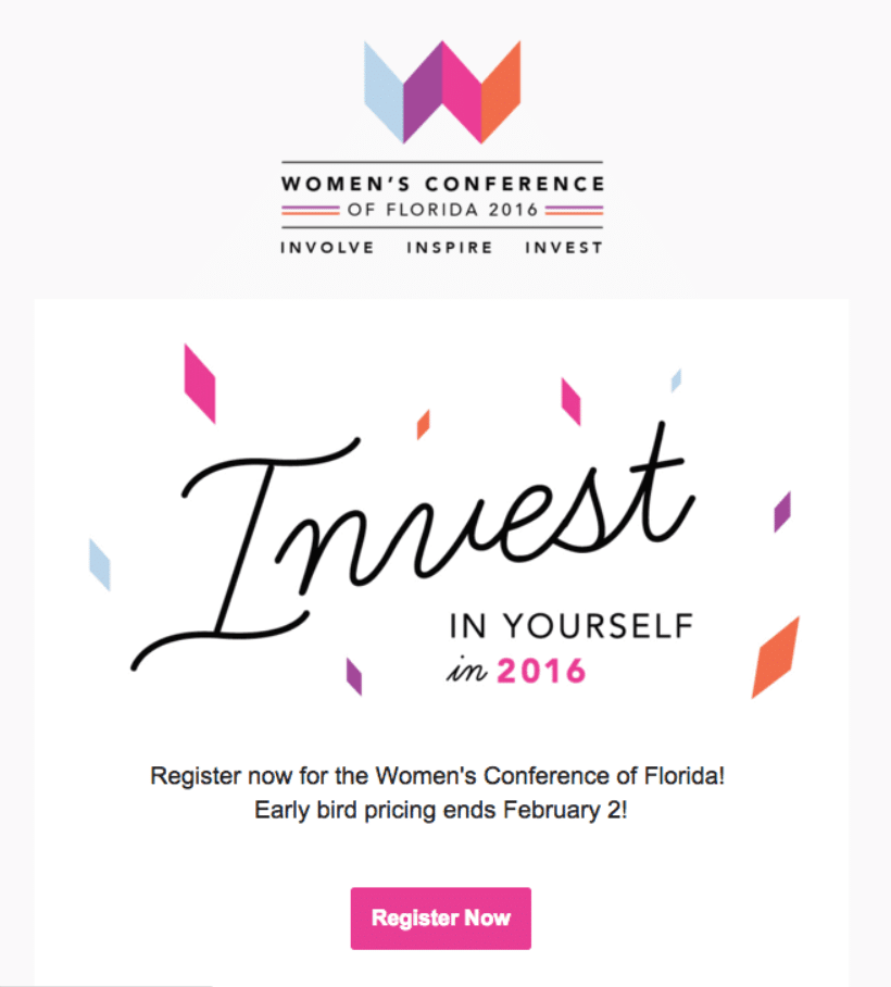 Women's conference email example - Event email for reframing typographic in your email redesign