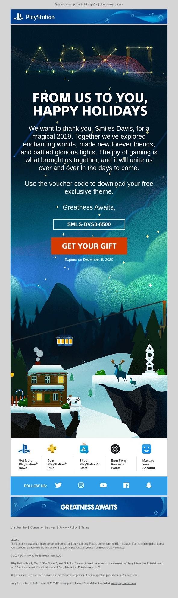 An email example with a holiday greeting and included holiday gift offer