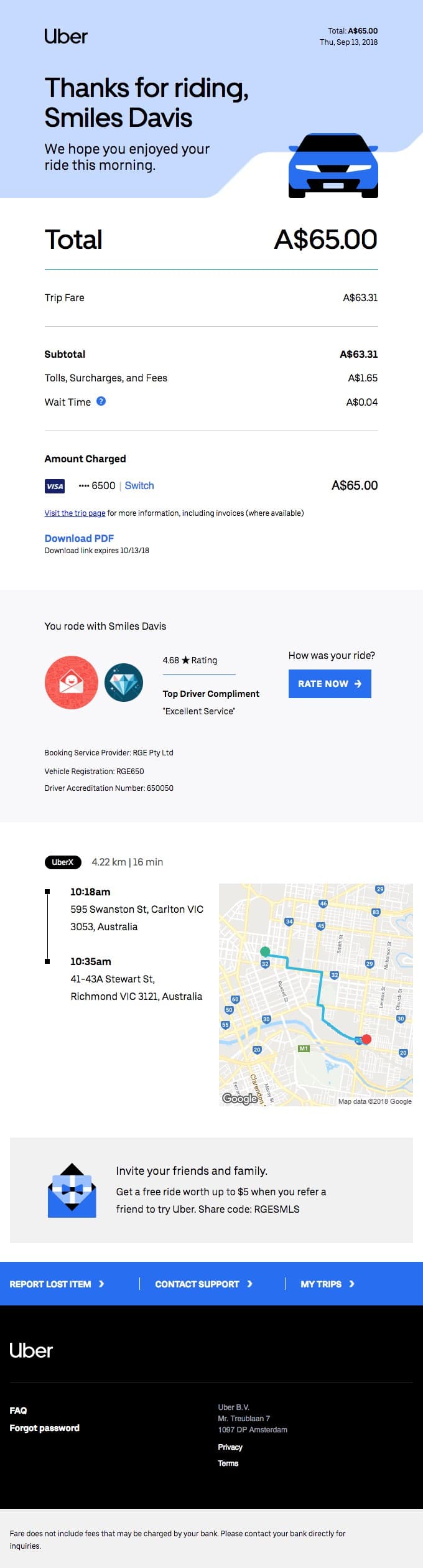Take this confirmation email from Uber. The company clearly displays what the transaction was: a trip from a driver that resulted in a $65.00 charge to the customer’s email, along with the entire route and driver information.