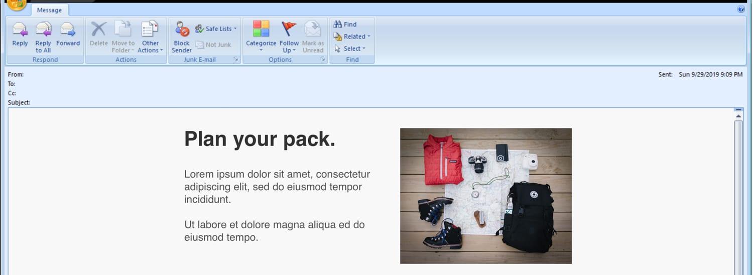 two-column email layout with header and body on the left, image on the right in outlook 2007