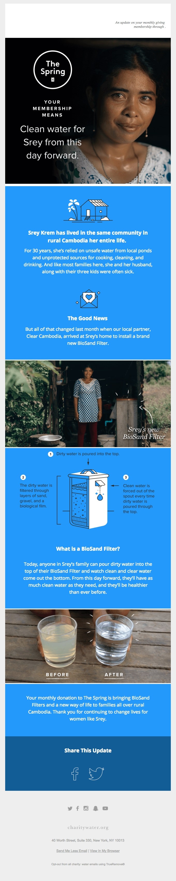Nonprofit email from charity : water that focuses on a personal story