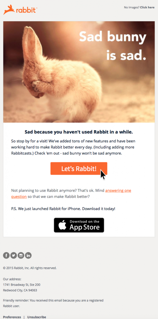 Re-engagement campaign example from Rabbit