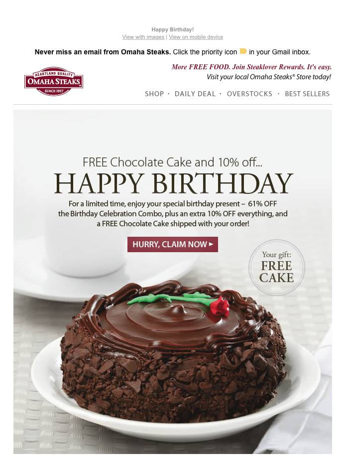 Omaha personalized Birthday Email with free chocolate cake pictured