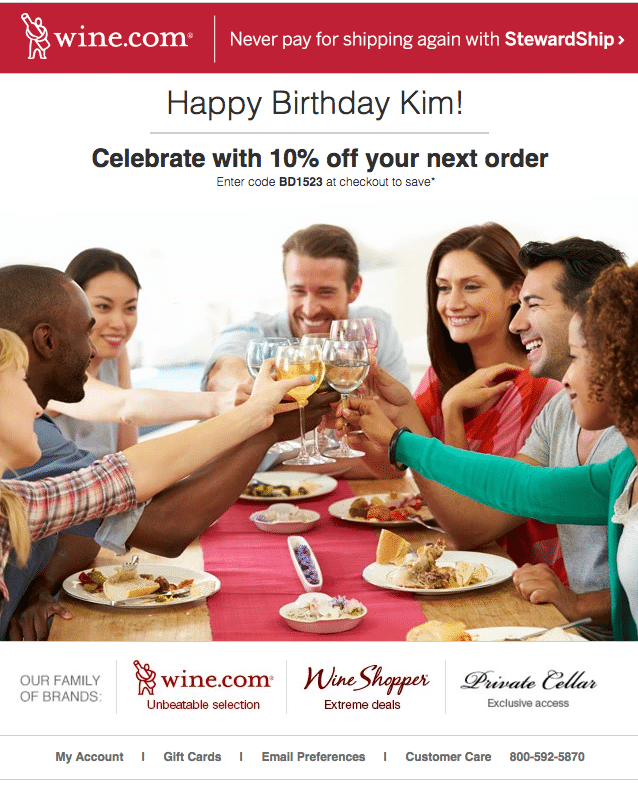 birthday email example from wine.com with headline "Celebrate with 10% off your next order."