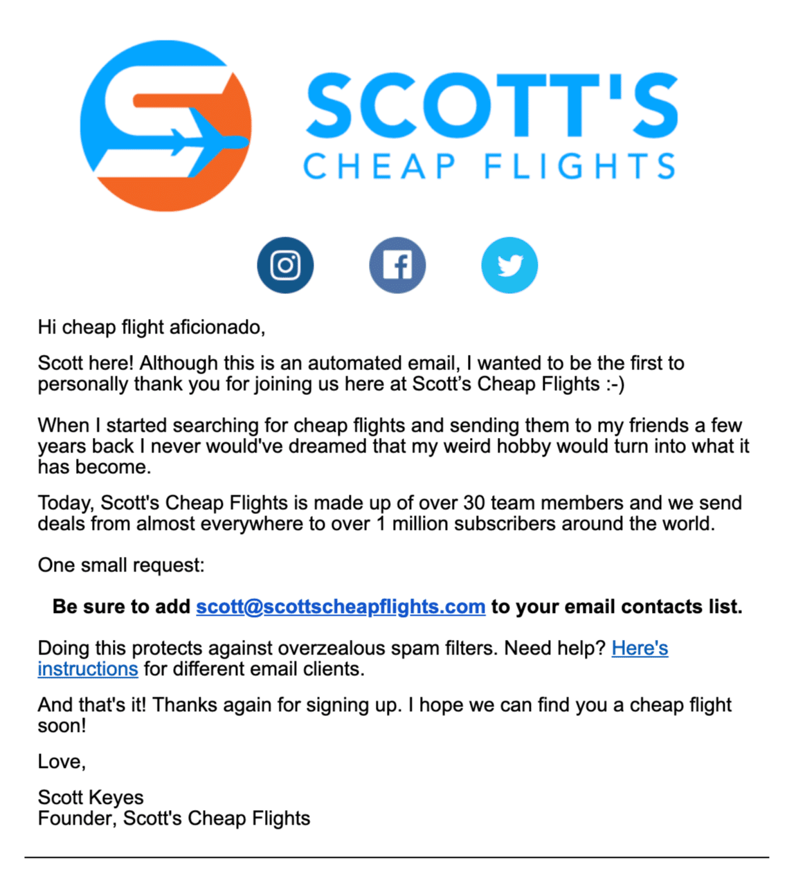 Scott's Cheap Flights welcome email whitelist example