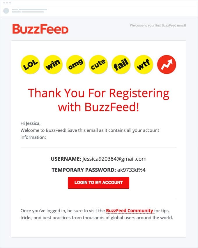 Buzzfeed sends thank you emails to recent subscribers.