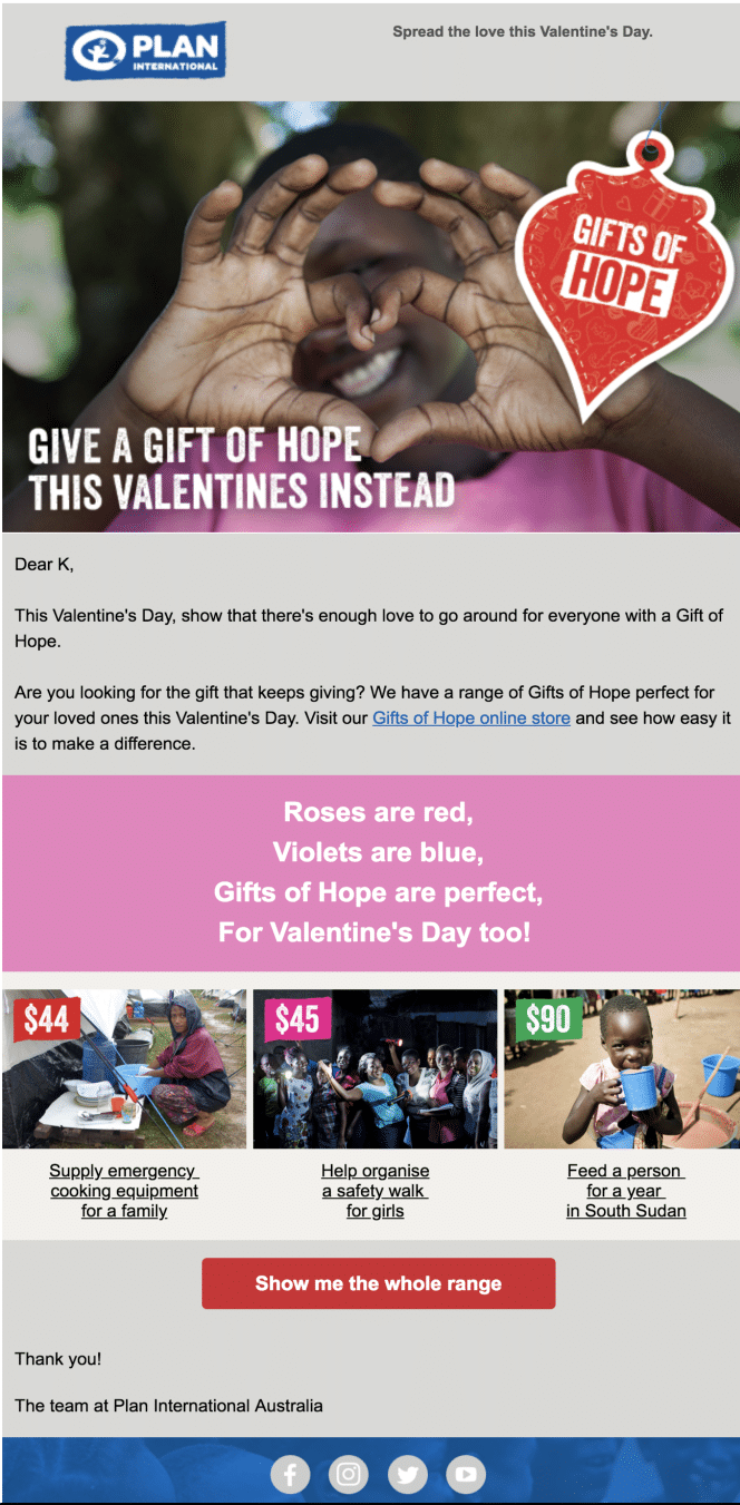 ejemplos de e-mails de san valentin para organizaciones sin fines de lucro