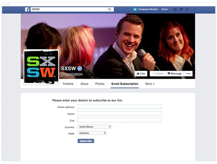 SXSW Facebook Page Subscribe