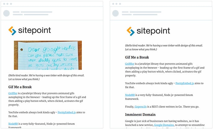 Sitepoint - A/B Test - Image or No Images in Email