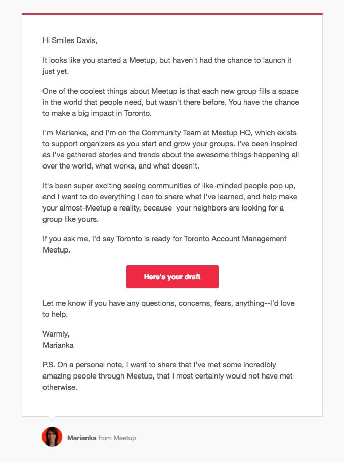 Here’s another wonderful example of a personalized email from Meetup: