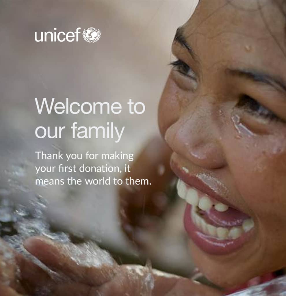 nonprofit welcome email from UNICEF