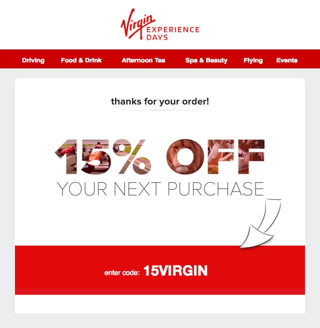 Virgin Experience Days order discount code email campaign.