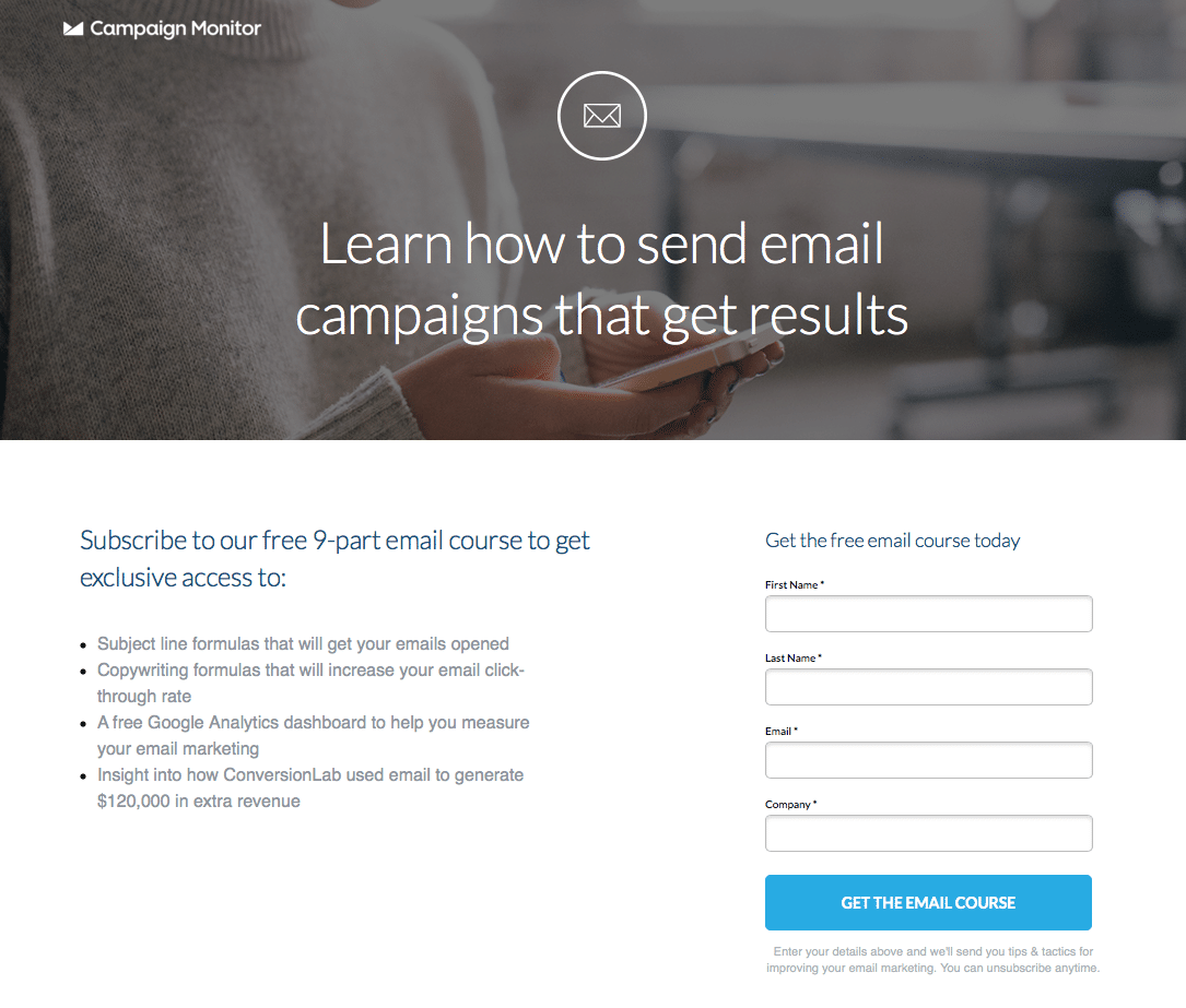 Campaign Monitor email course landing page