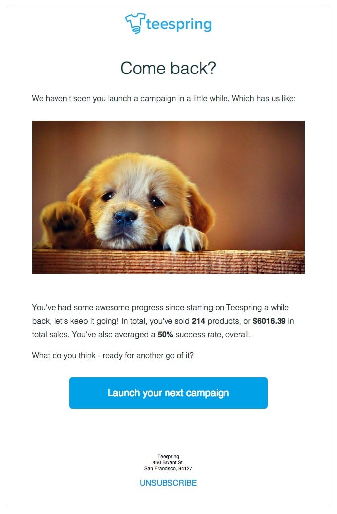 Re-engagement email campaign from Teespring