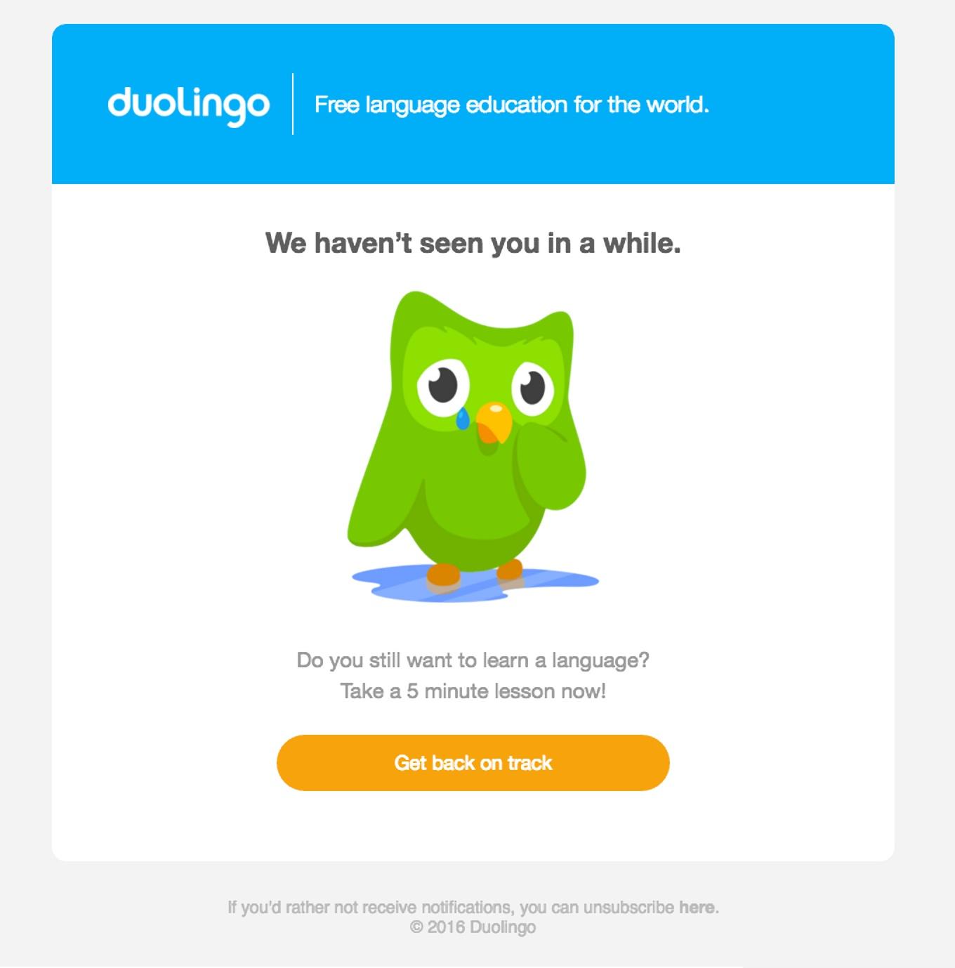 Re-engagement Email Example from Duolingo