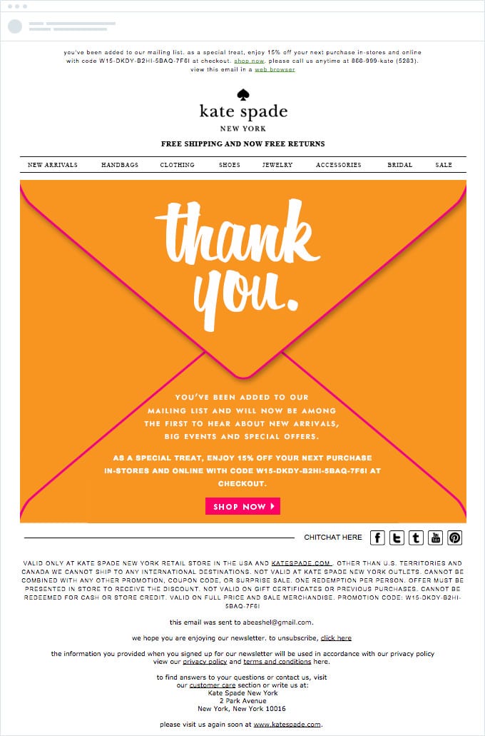 automated welcome email from kate spade