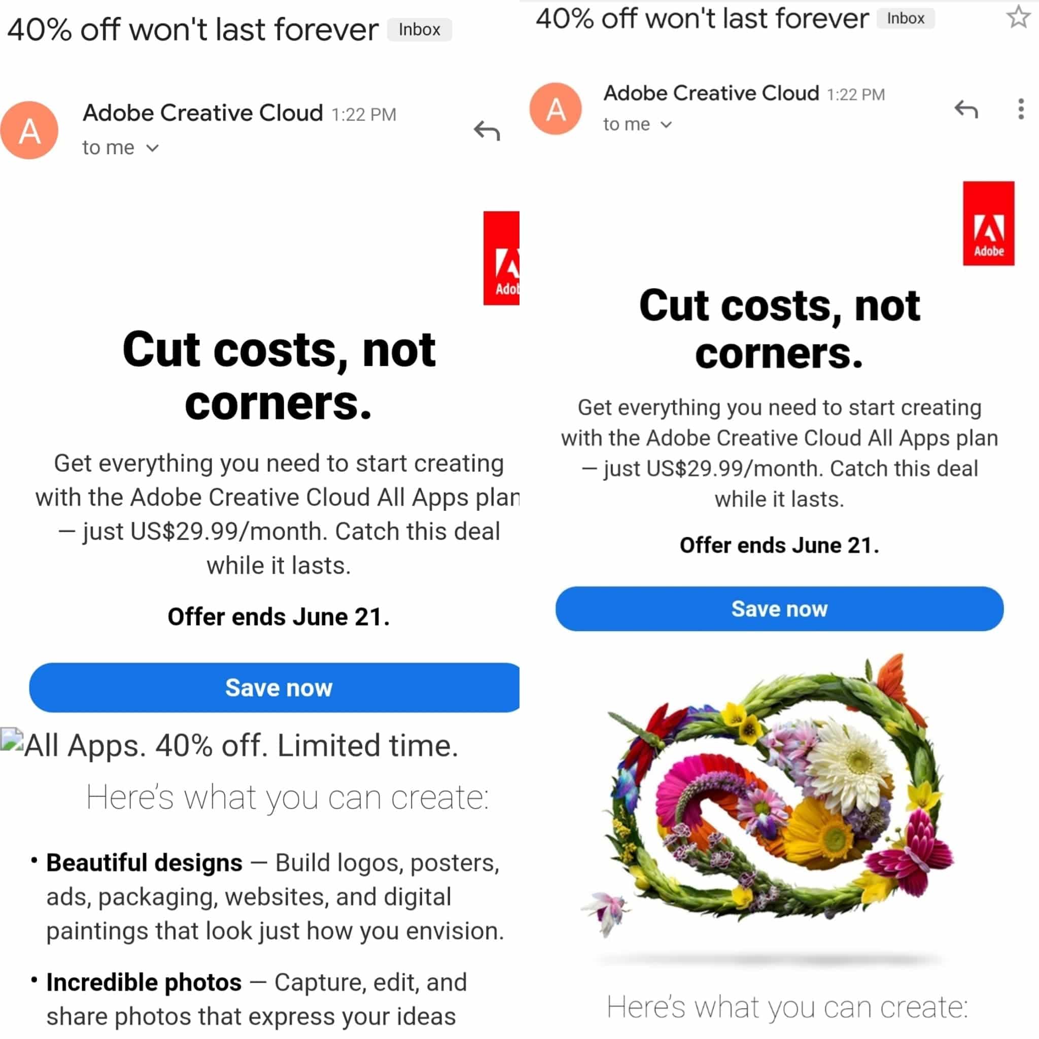 In this example by Adobe, the first email shows a broken image, which is indicated by the small square with the tear in it next to the “all apps” text. 