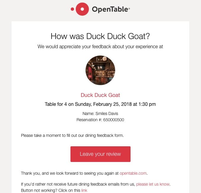 This email from Open Table is a great example of email retargeting that engages your audience
