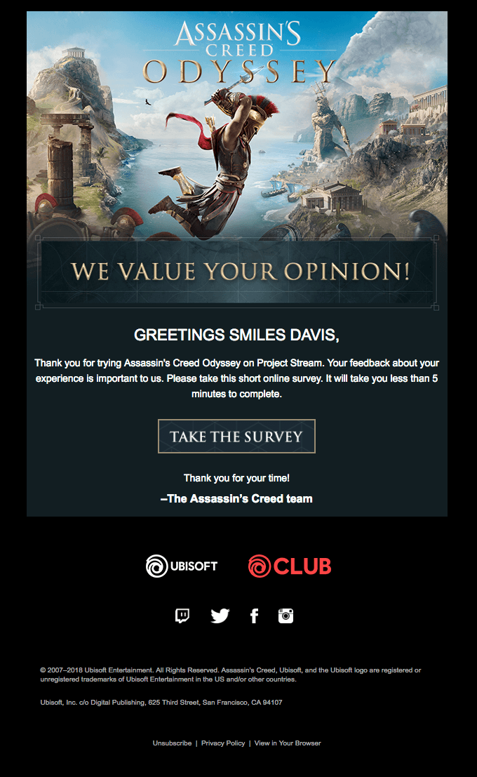 A survey email example from Assassin's Creed and Ubisoft - Credible content example