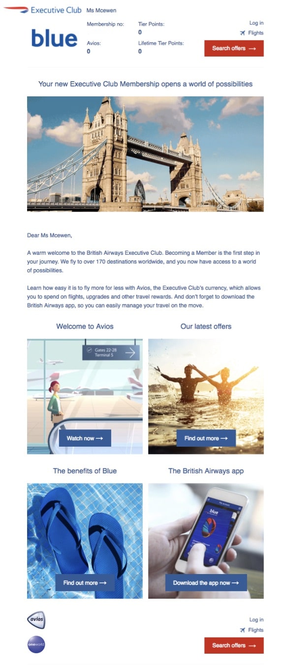 british airways send loyalty offer as type of email content