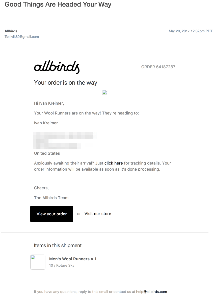 AllBirds – Order Tracking Email