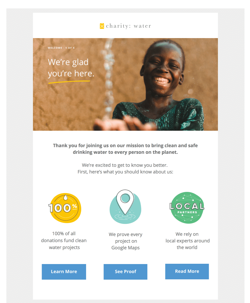 Charity Water – Nonprofit Email Marketing – Welcome Email