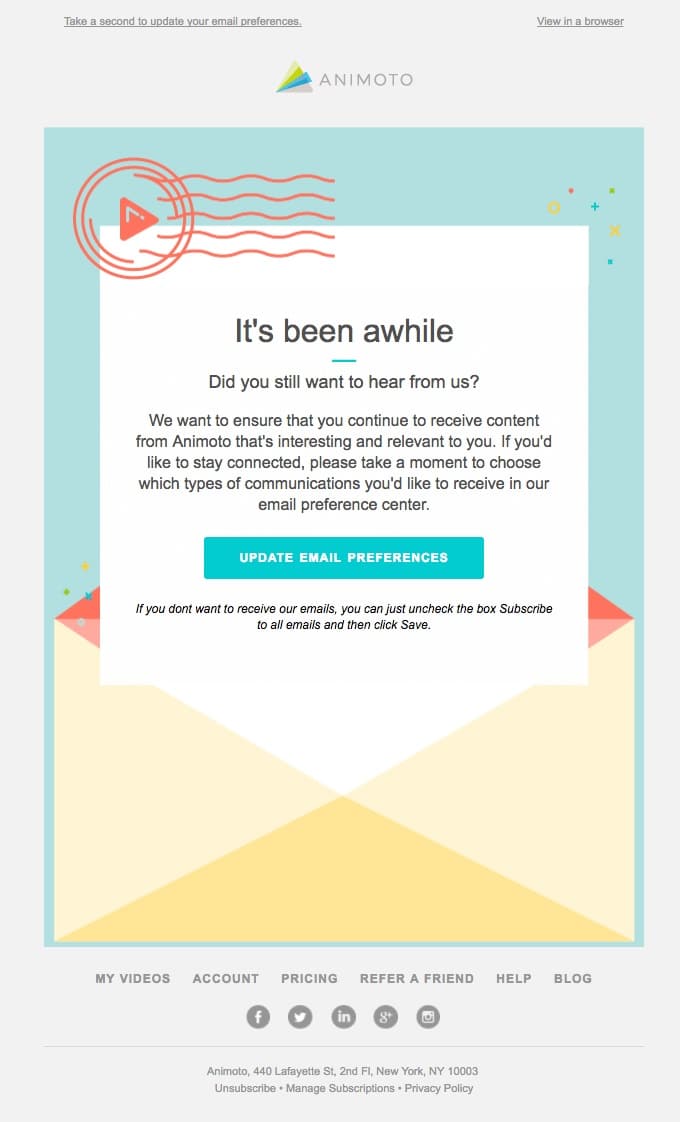 The team at Animoto decided to put together a simple yet engaging re-engagement email to send out to their inactive subscribers.